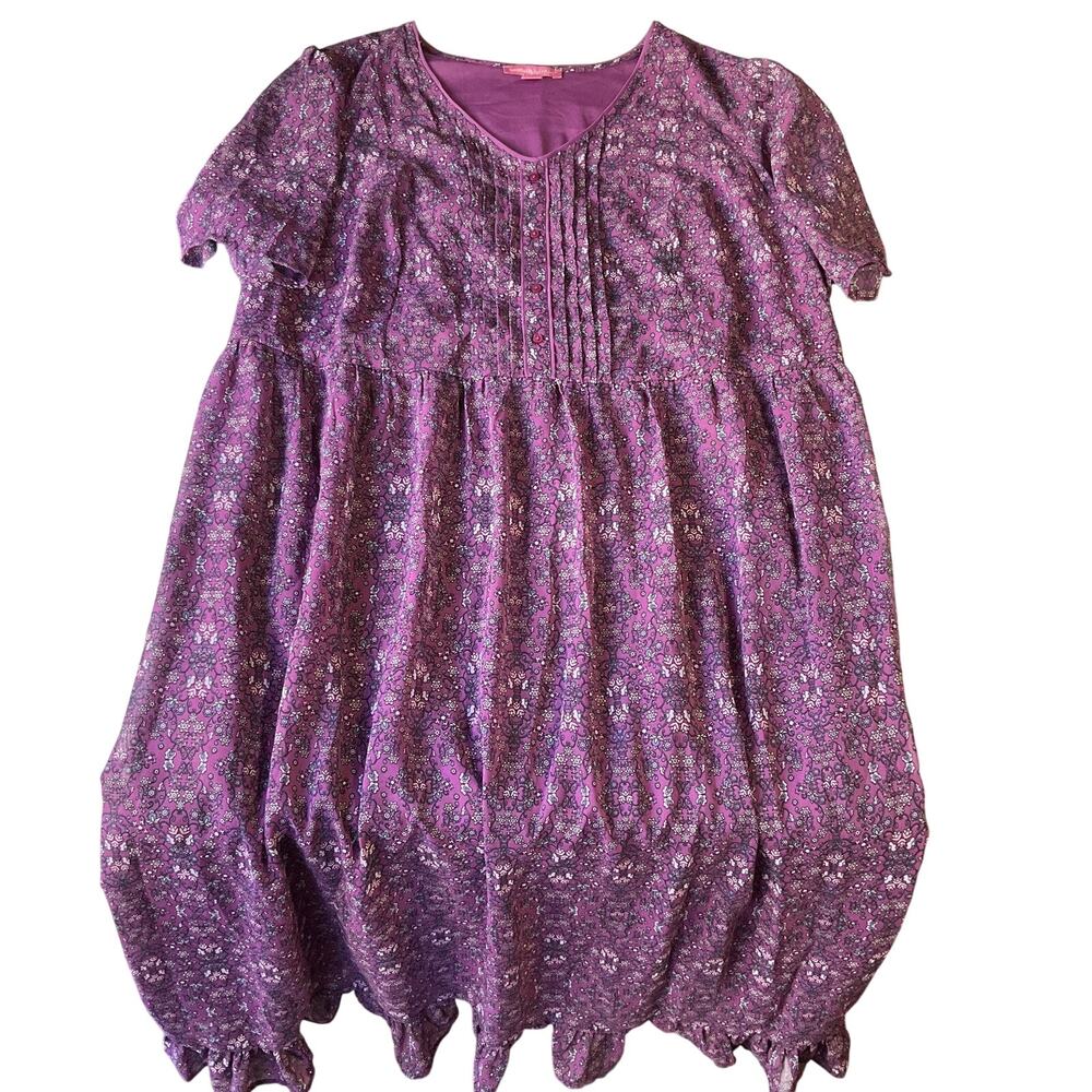 Woman Within Women Maxi Dress 22W Purple Floral Fit & Flare Pleated Short Sleeve